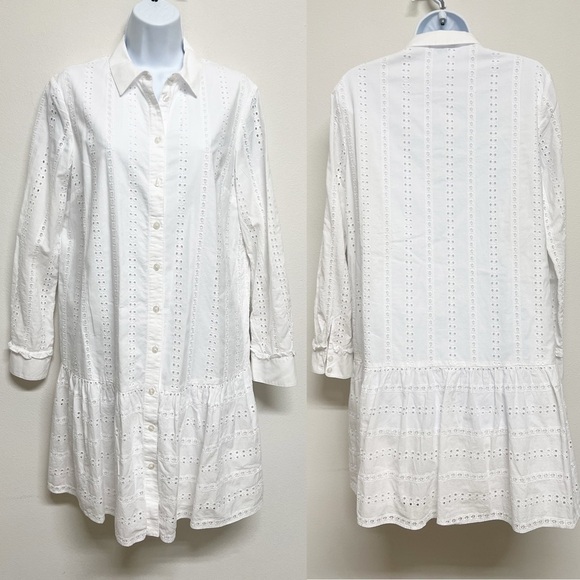 Draper James Womens White Button Down Eyelet Flounce Skirt Shirtdress Size 8 - Picture 1 of 8